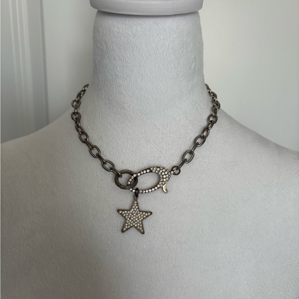 Gunmetal Star Pendant Necklace with Crystal Accents